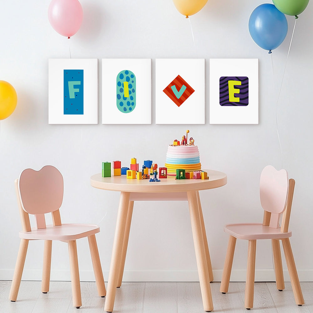 Children's table and chairs with colorful balloons and a 'Happy Birthday' cake in a room.