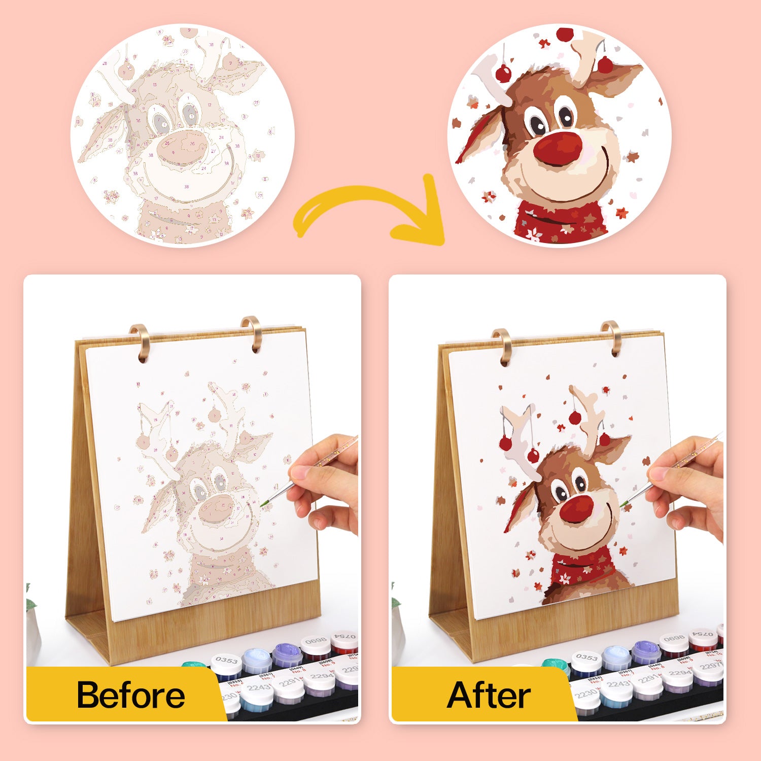 Before and after transformation of a painting of a reindeer using watercolors on a pink background.