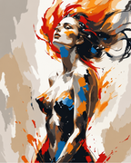 An expressive female figure with windswept dark hair and orange, blue and black brushstrokes.