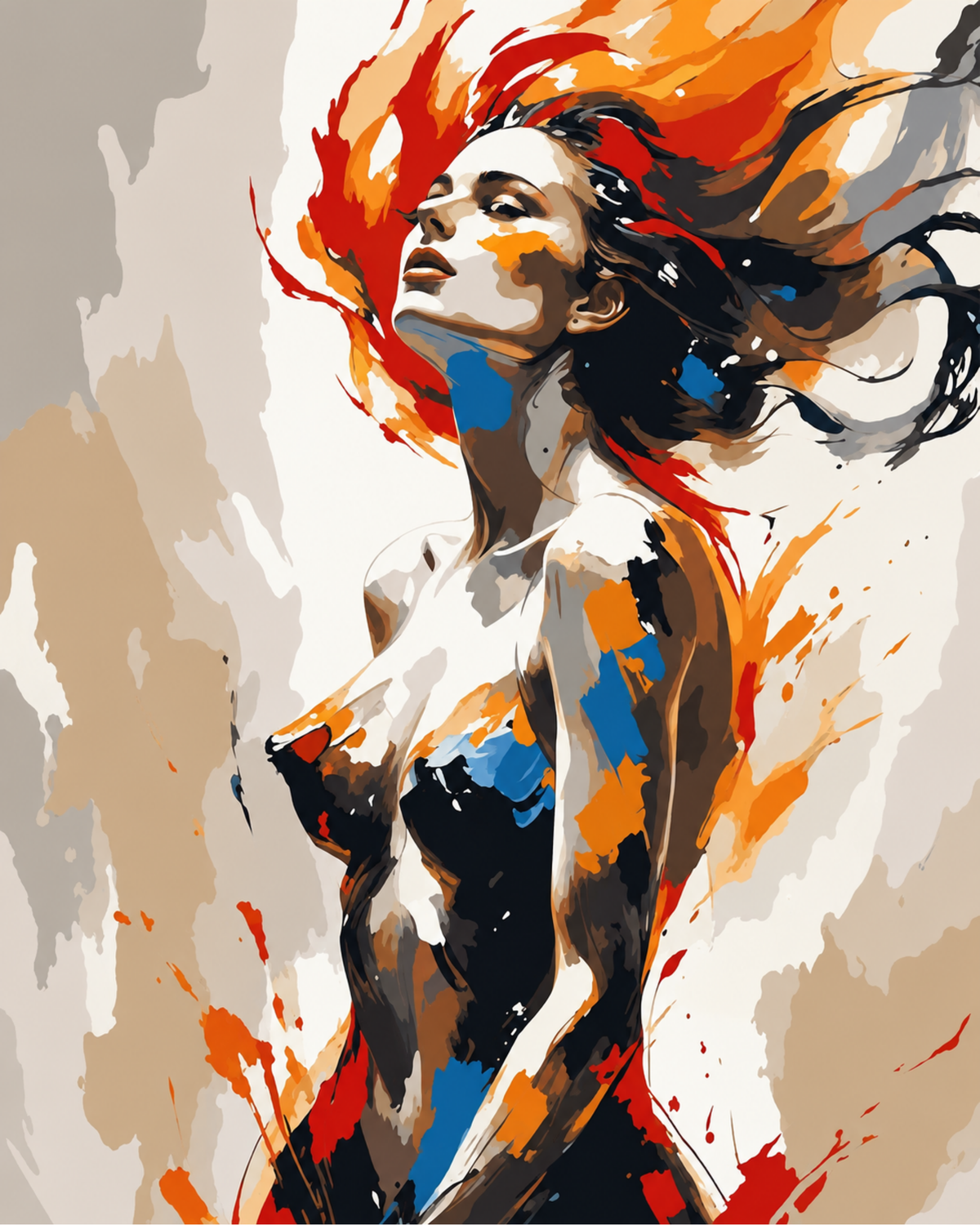 An expressive female figure with windswept dark hair and orange, blue and black brushstrokes.