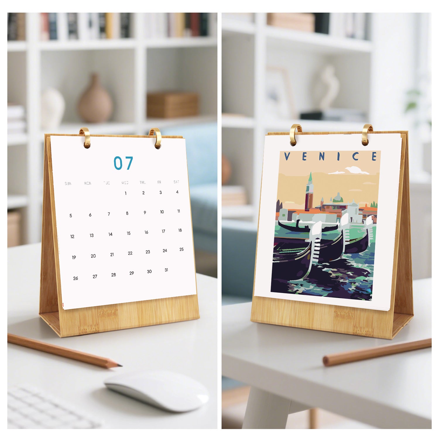 Two desk calendars on a white surface with a blurred background