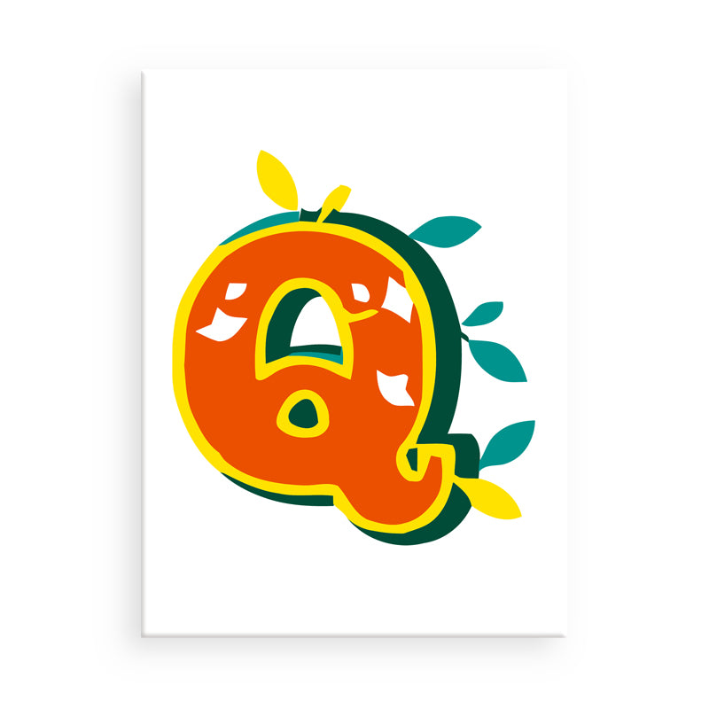 Colorful letter 'Q' design with orange, yellow, and green elements on a white background
