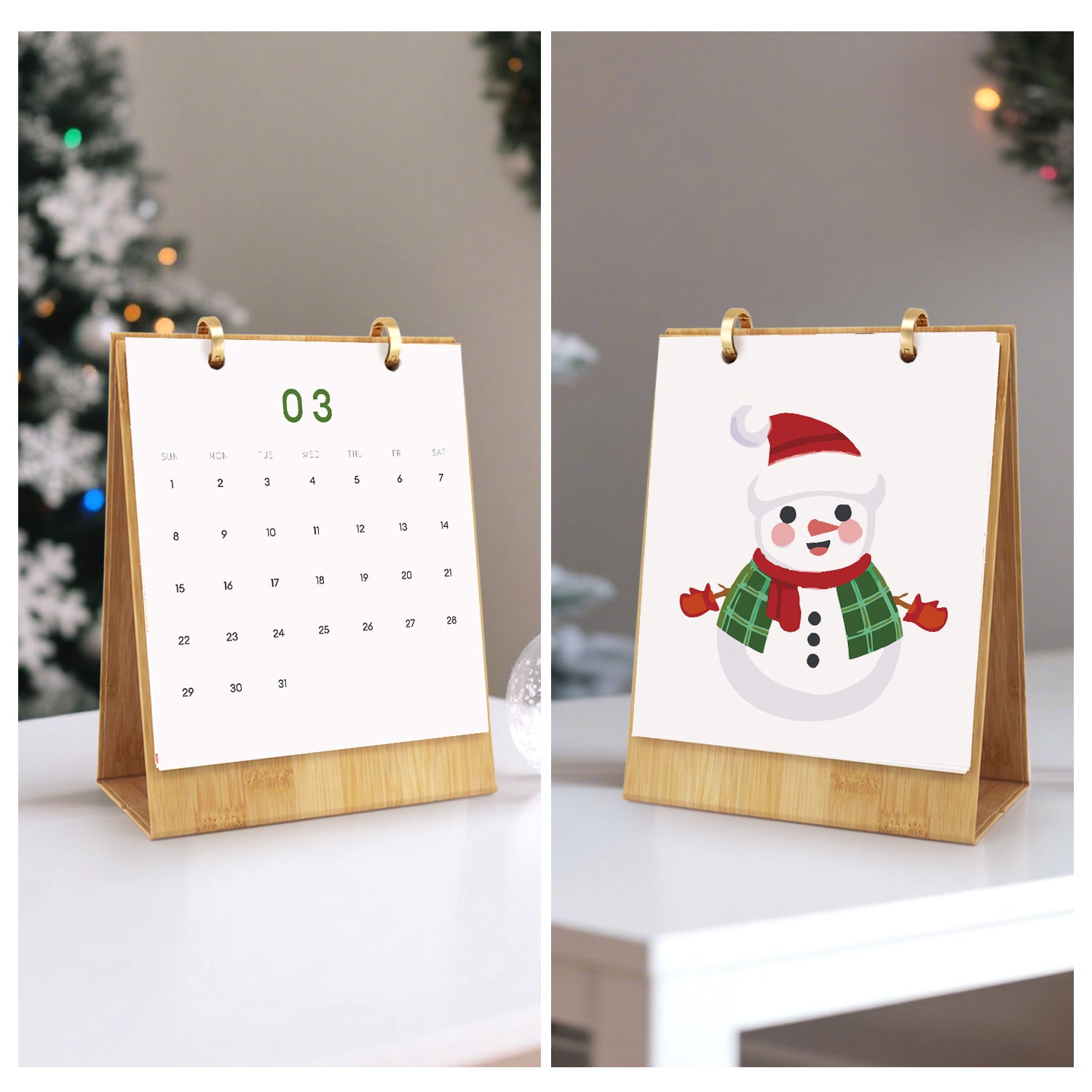 Calendario pequeño con soporte de madera, que muestra el número 03 y una ilustración de un muñeco de nieve sobre una superficie blanca.