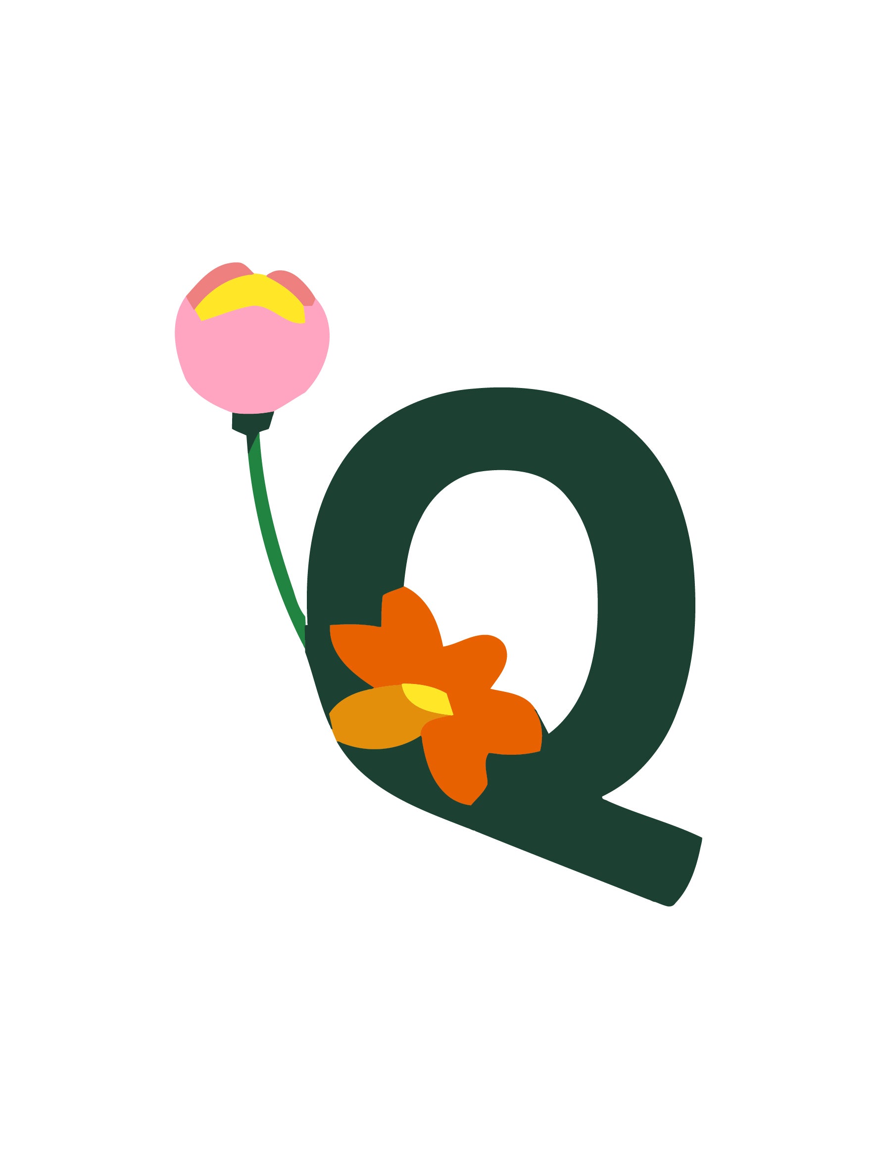 Letter 'Q' with floral design on a white background