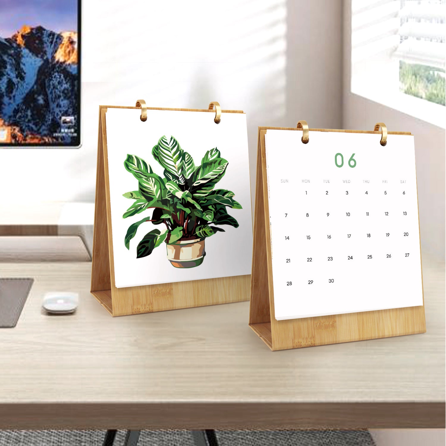 Two desk calendars on a wooden surface with a plant and mountain view.