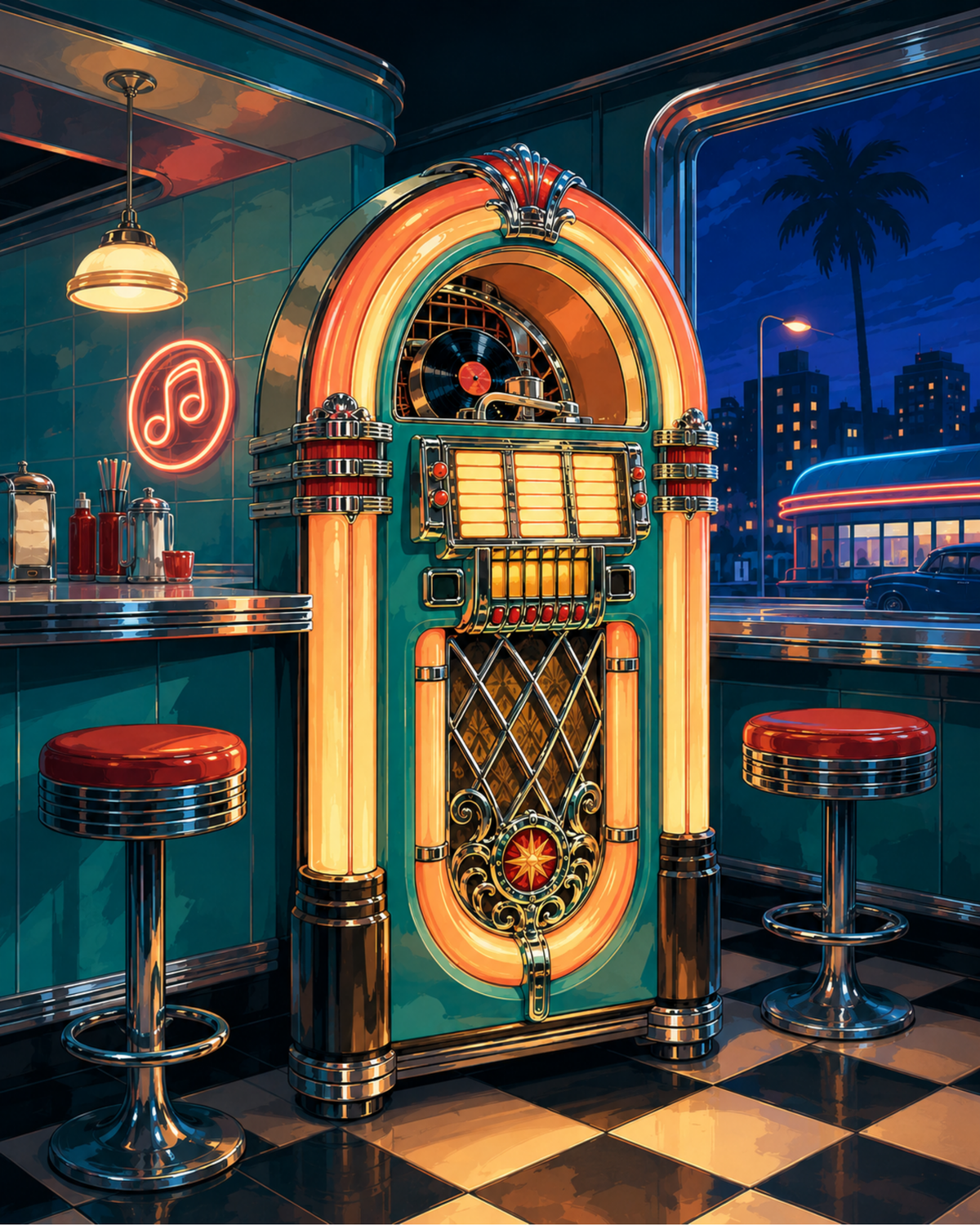 An illuminated vintage jukebox beside red diner stools and a checkerboard floor.