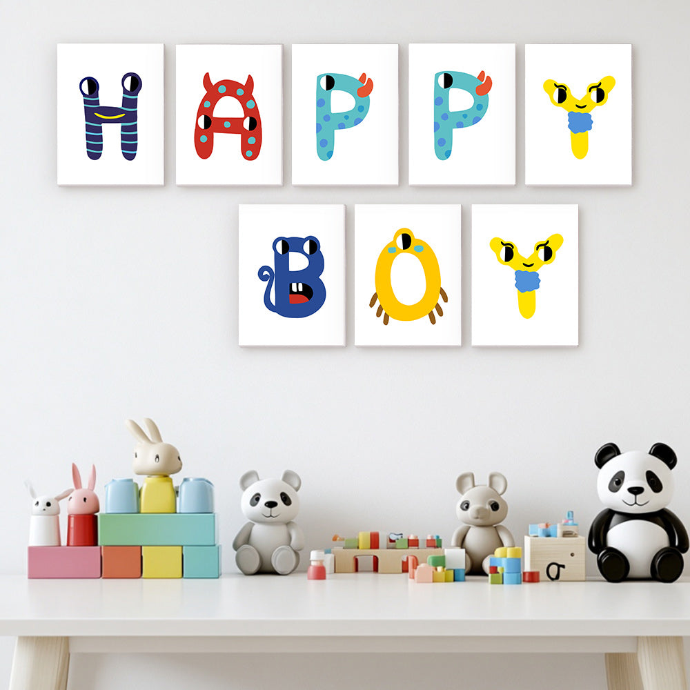 Colorful children's wall art with letters on a white wall above a table with toys.