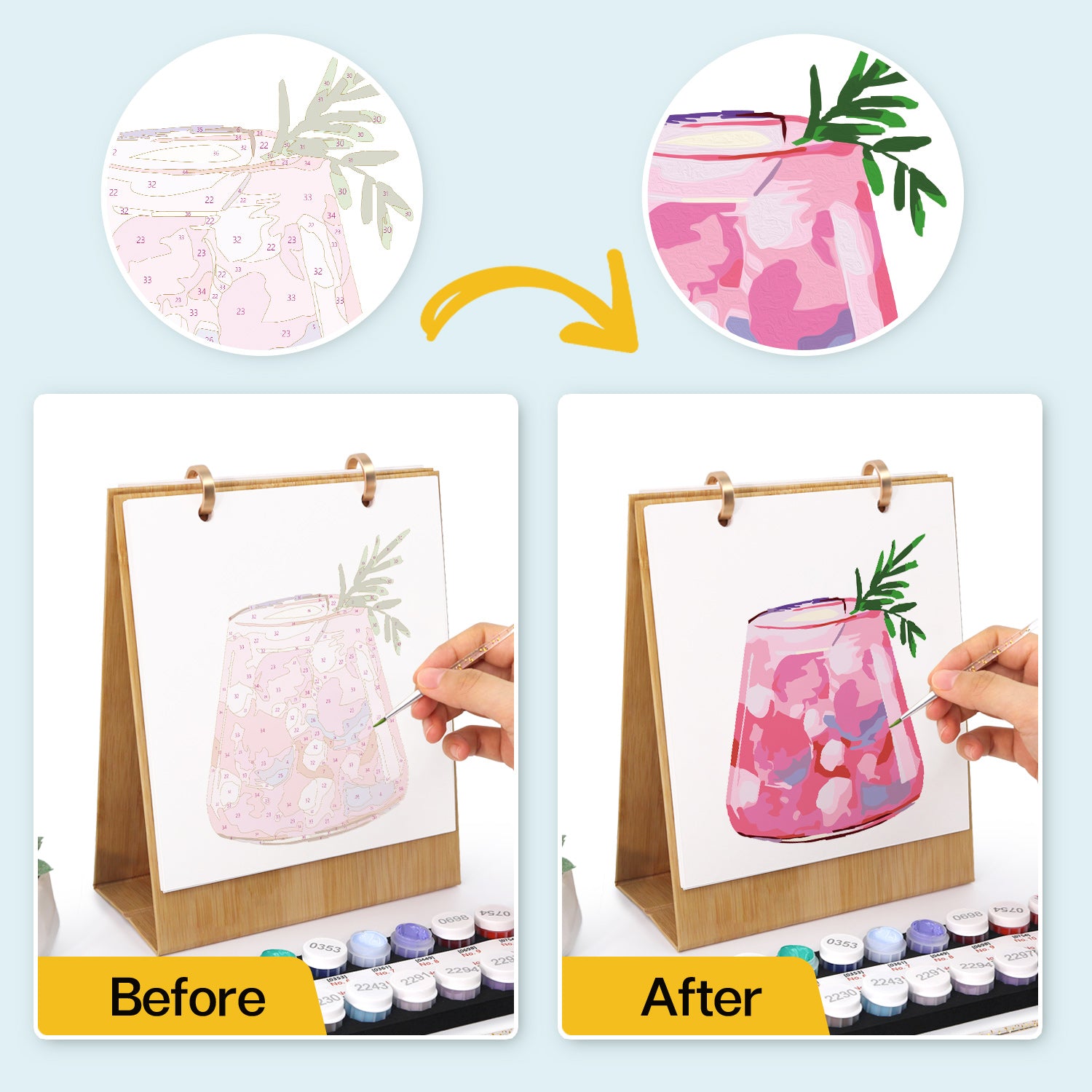 Before and after comparison of a painting process with a pink glass and green leaves.