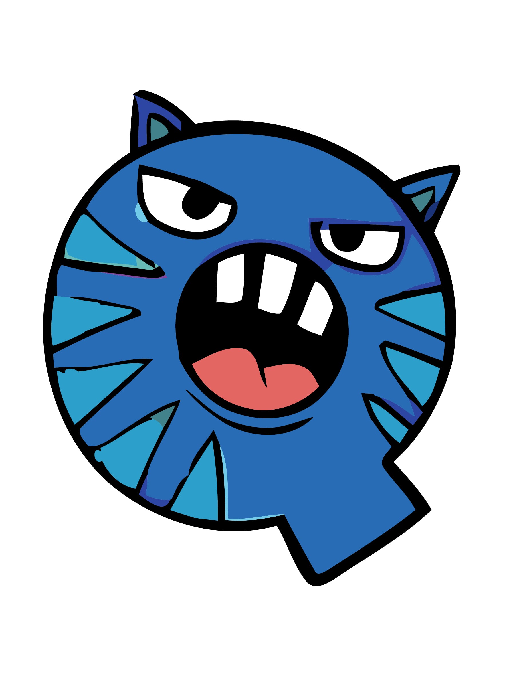 Blue cartoon character with a surprised expression on a white background