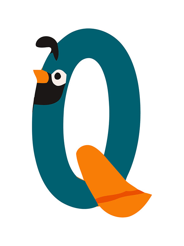 Letter 'Q' with a cartoon penguin design on a white background
