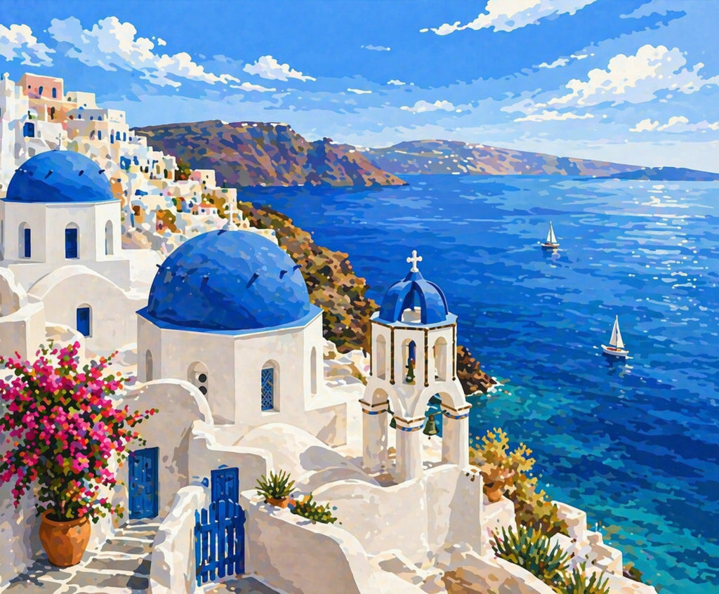 Finished Santorini Blue Domes paint by numbers artwork