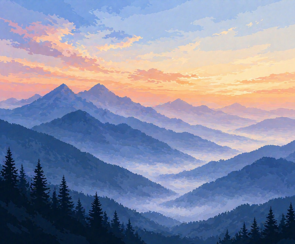 Finished Misty Mountain Sunrise paint by numbers artwork