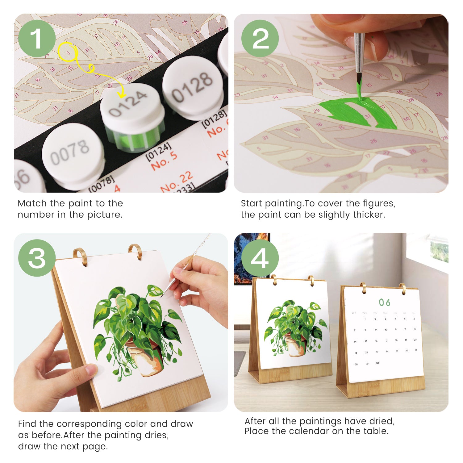 Step-by-step guide to creating a plant-themed calendar with paint and numbers.