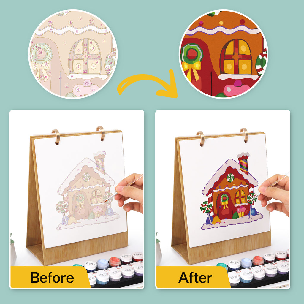 Antes y después de la comparación del dibujo de una casa de pan de jengibre con pinturas de acuarela.