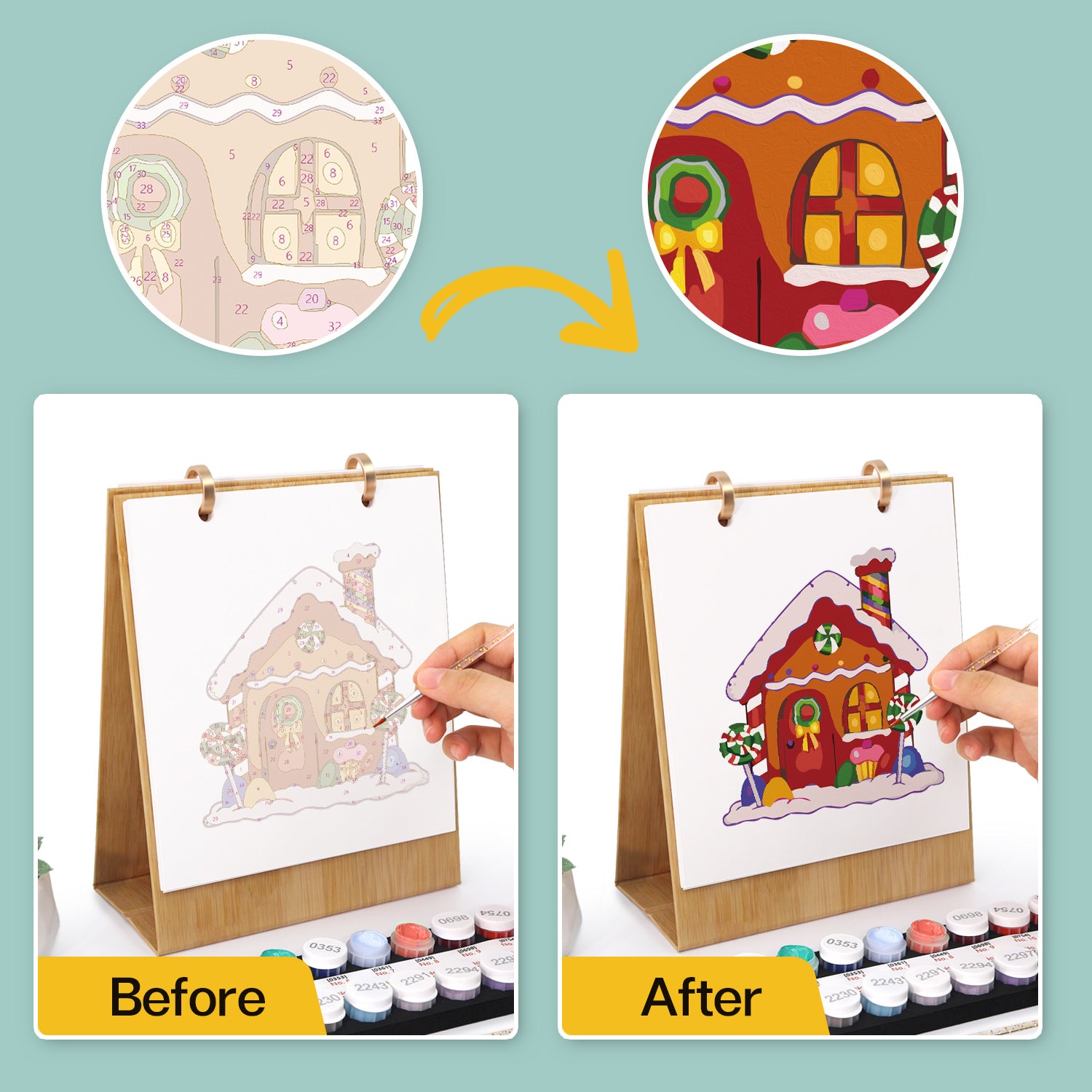 Before and after comparison of a gingerbread house drawing with watercolor paints.