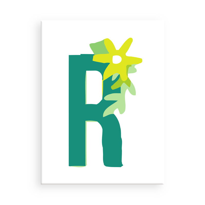 Letter 'R' with a green flower on a white background