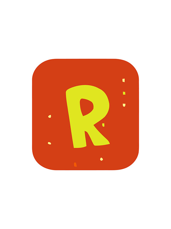 Square sticker with letter 'R' on a white background