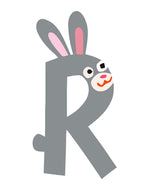 Gray letter 'R' with bunny ears and face on a white background