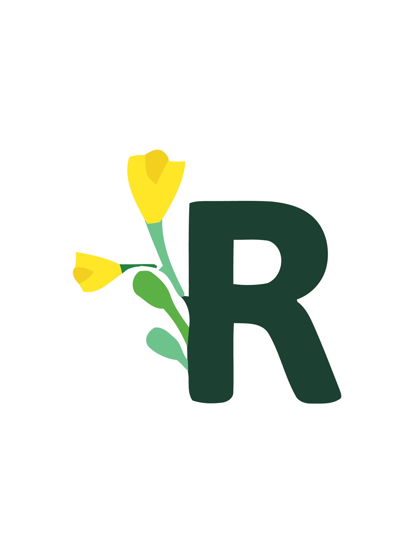 Buchstabe „R“ mit gelben Tulpen auf weißem Hintergrund
