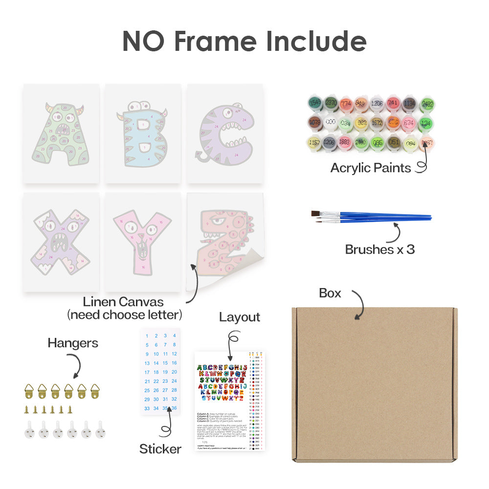 Product bundle with linen canvas, acrylic paints, brushes, box, hangers, and a sticker on a white background.
