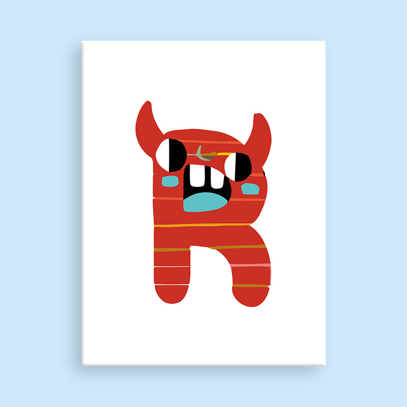 Red cartoon character with horns on a white background