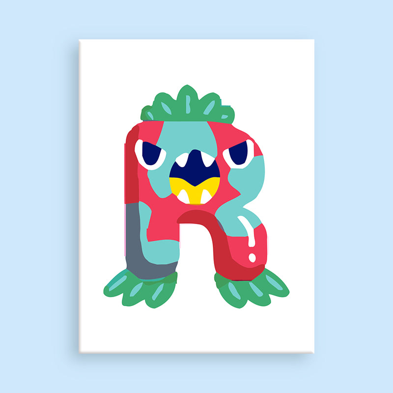 Colorful letter 'R' shaped like a monster on a light blue background