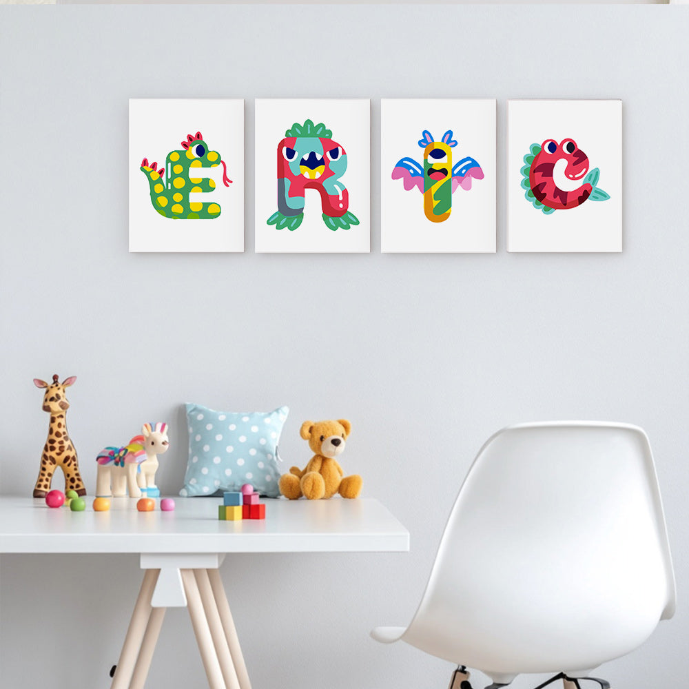 Four colorful children's posters on a wall with toys on a table below.