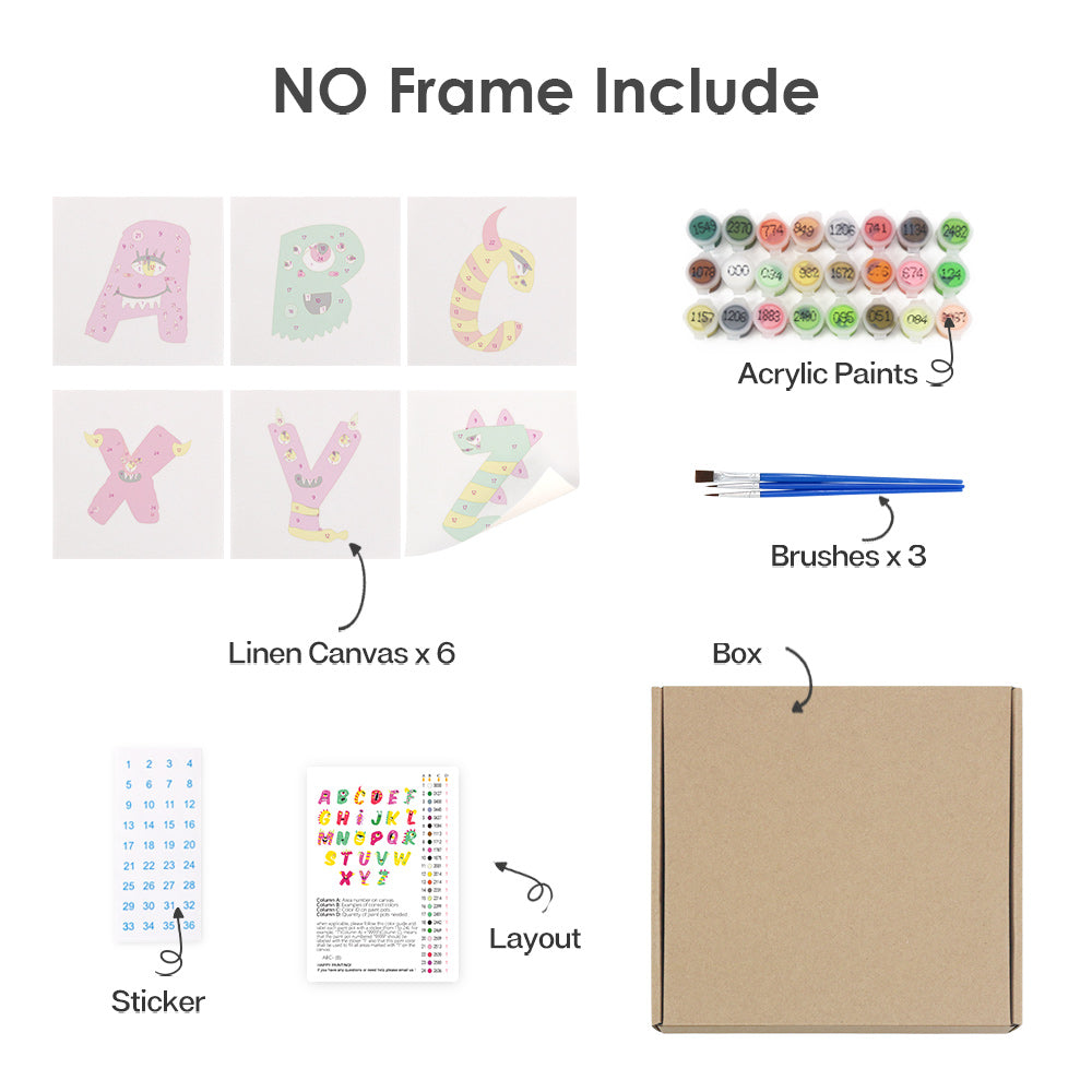 Product bundle with linen canvases, acrylic paints, brushes, a box, and a layout sheet on a white background.