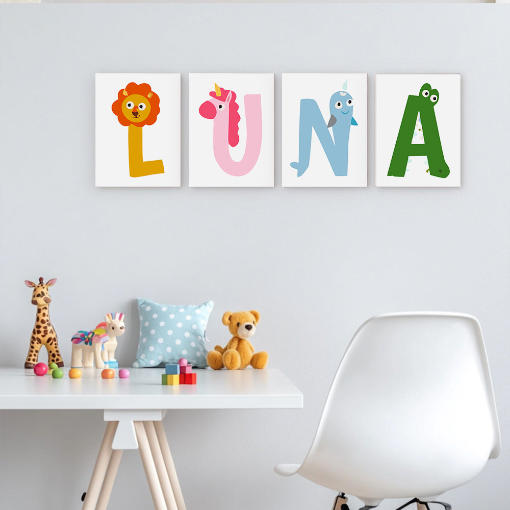 Children's room with colorful wall art and toys on a table.