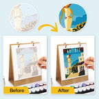 Before and after comparison of a painting project using watercolors, showing a transformation from a basic sketch to a detailed artwork.