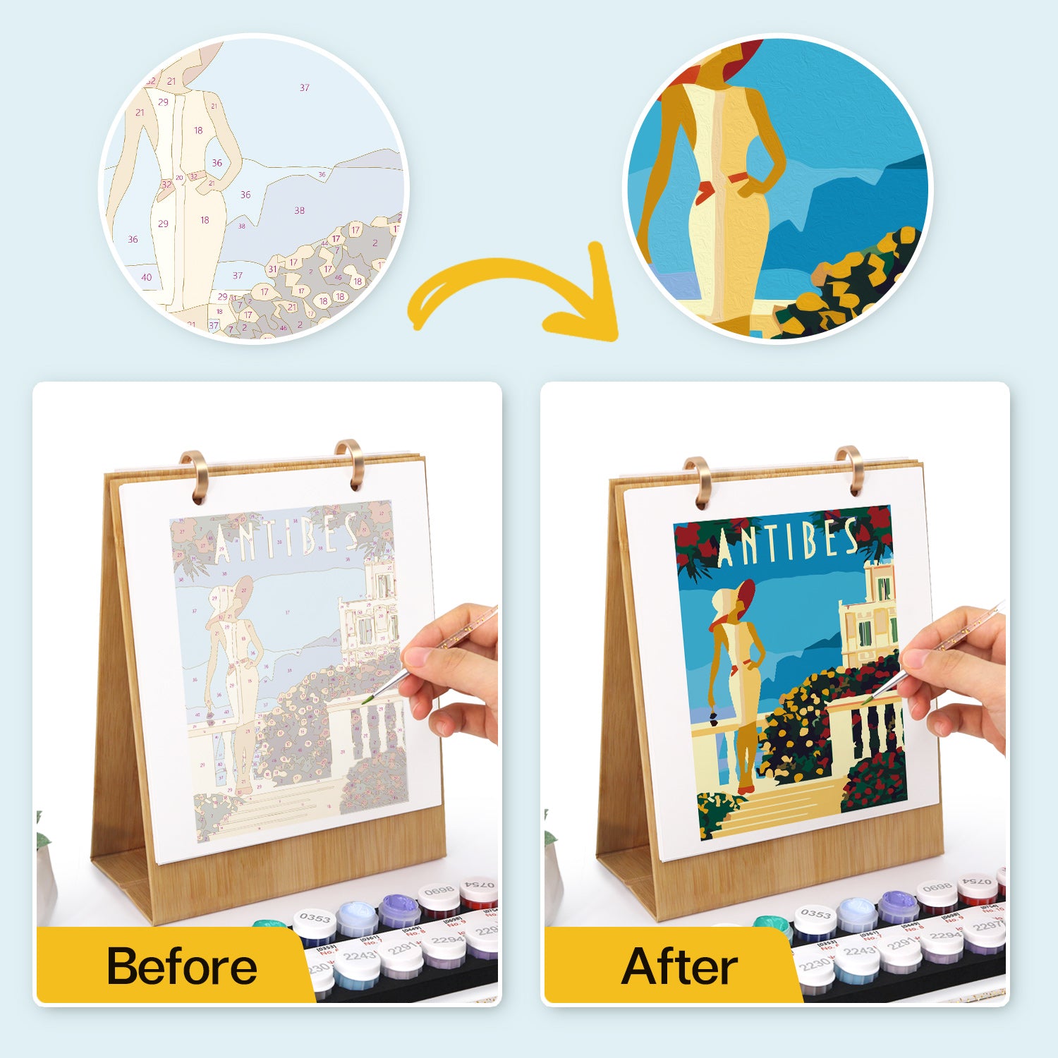 Before and after comparison of a painting project using watercolors, showing a transformation from a basic sketch to a detailed artwork.