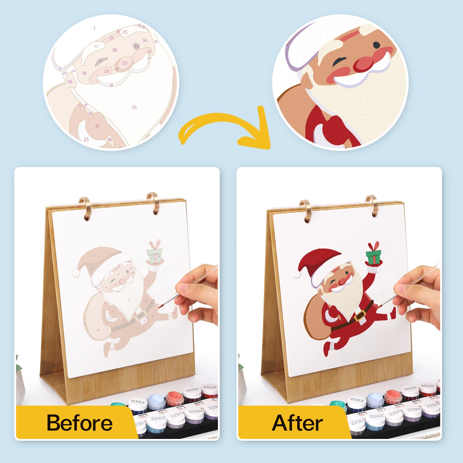 Antes y después de la transformación de una ilustración de Papá Noel mediante acuarelas.