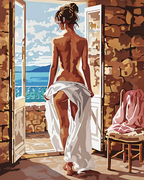 A woman seen from behind with white fabric around her hips at an open seaside doorway.