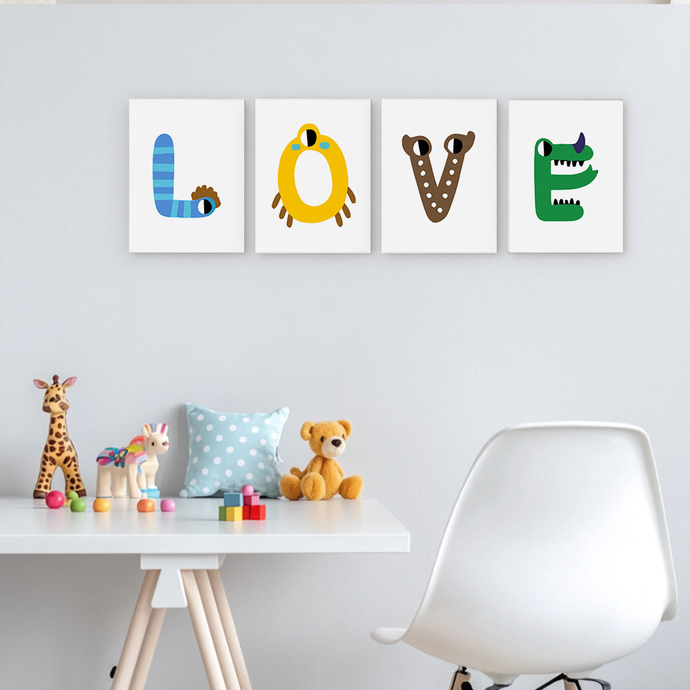 Children's room with 'LOVE' wall art and toys on a table.