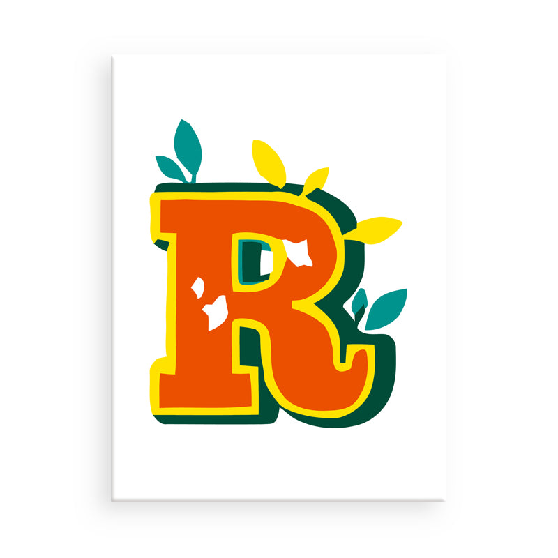 Colorful letter 'R' with decorative elements on a white background