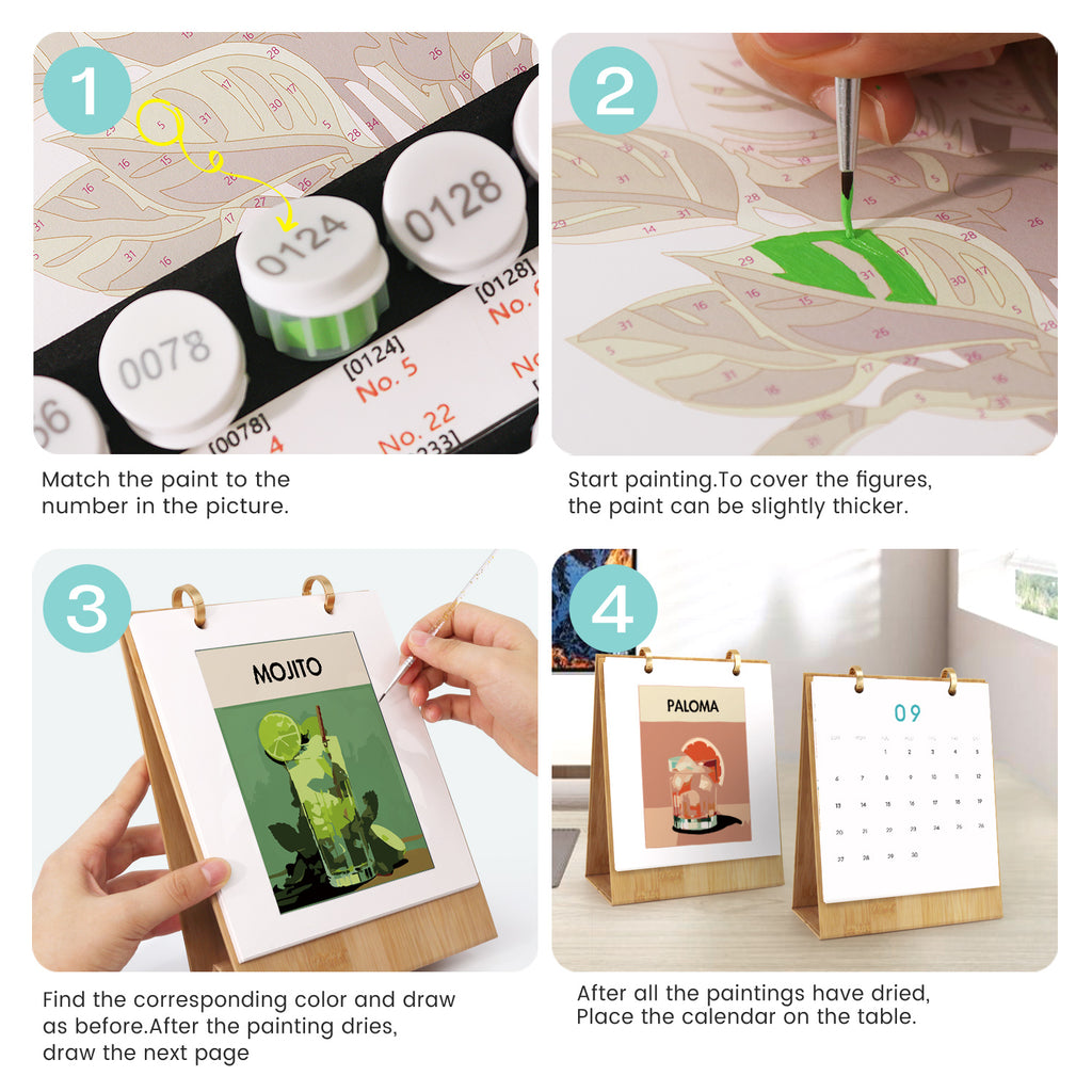 Proyecto de arte de cócteles de bricolaje con diseño de calendario de pintura por números.