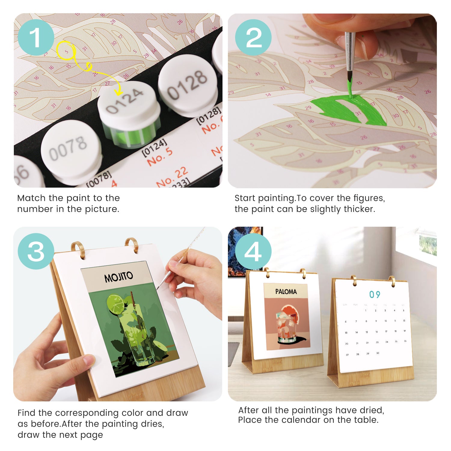 DIY cocktail art project with paint by numbers calendar design.