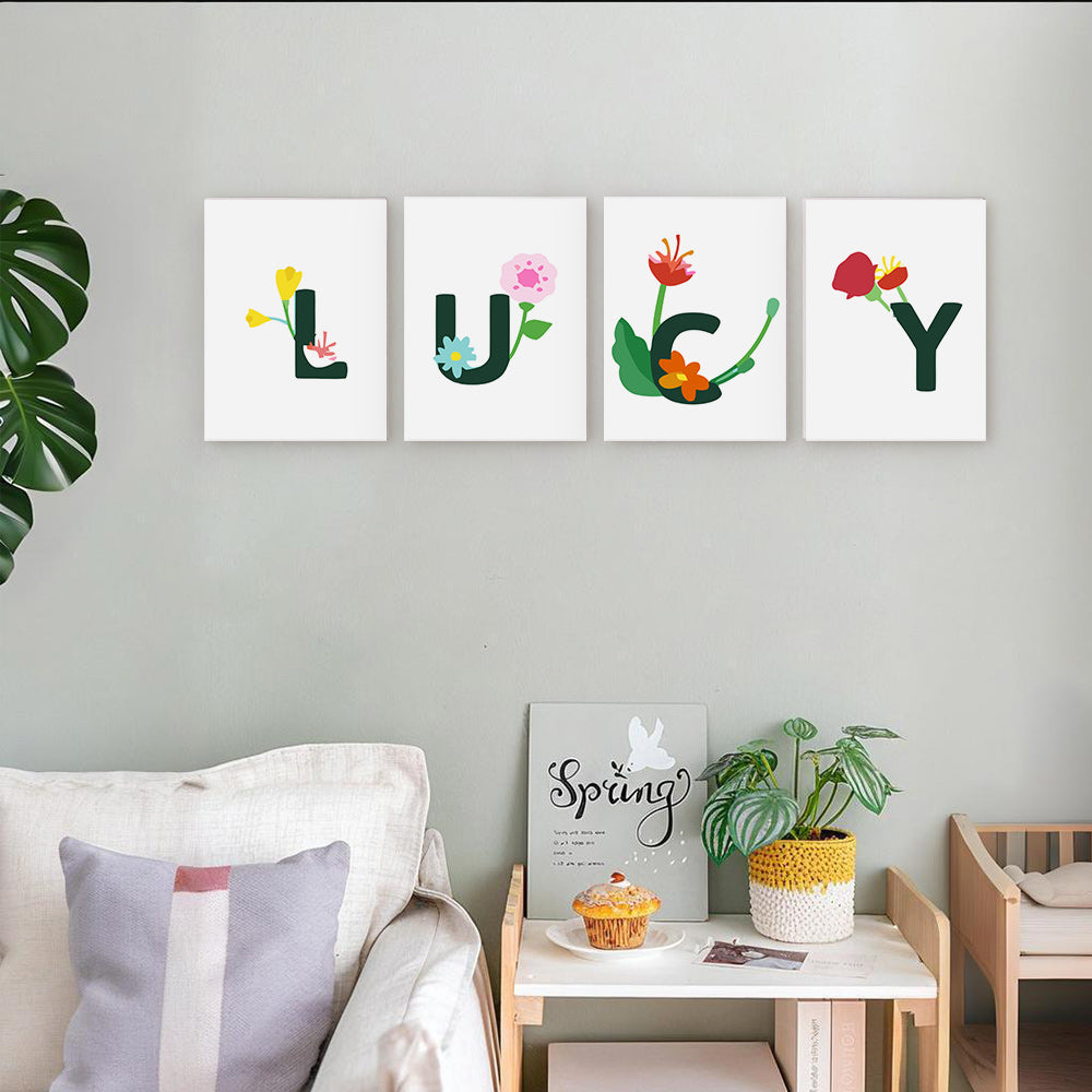 Decorative wall art spelling 'LUCY' with floral letters in a living room setting.