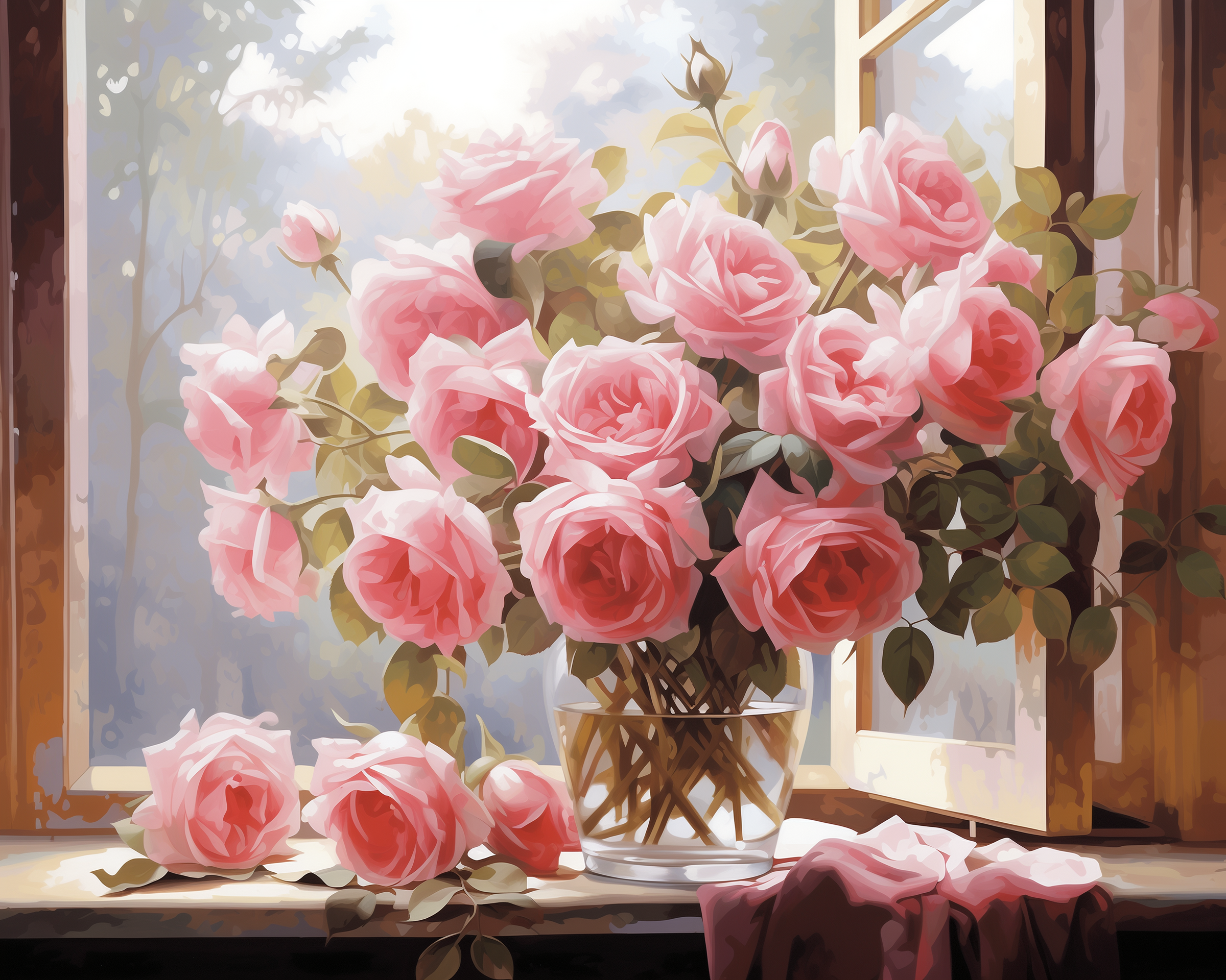 A paint by numbers kit depicting a bouquet of pink roses placed in a vase on a windowsill.