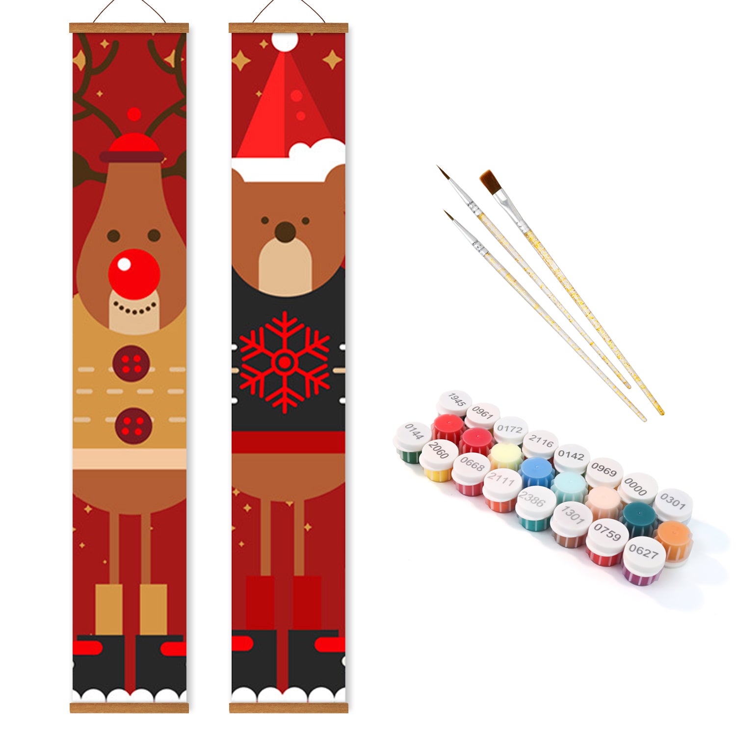 Deux panneaux suspendus verticaux avec des motifs de rennes et d'ours, des pinceaux et des tubes de peinture sur fond blanc.