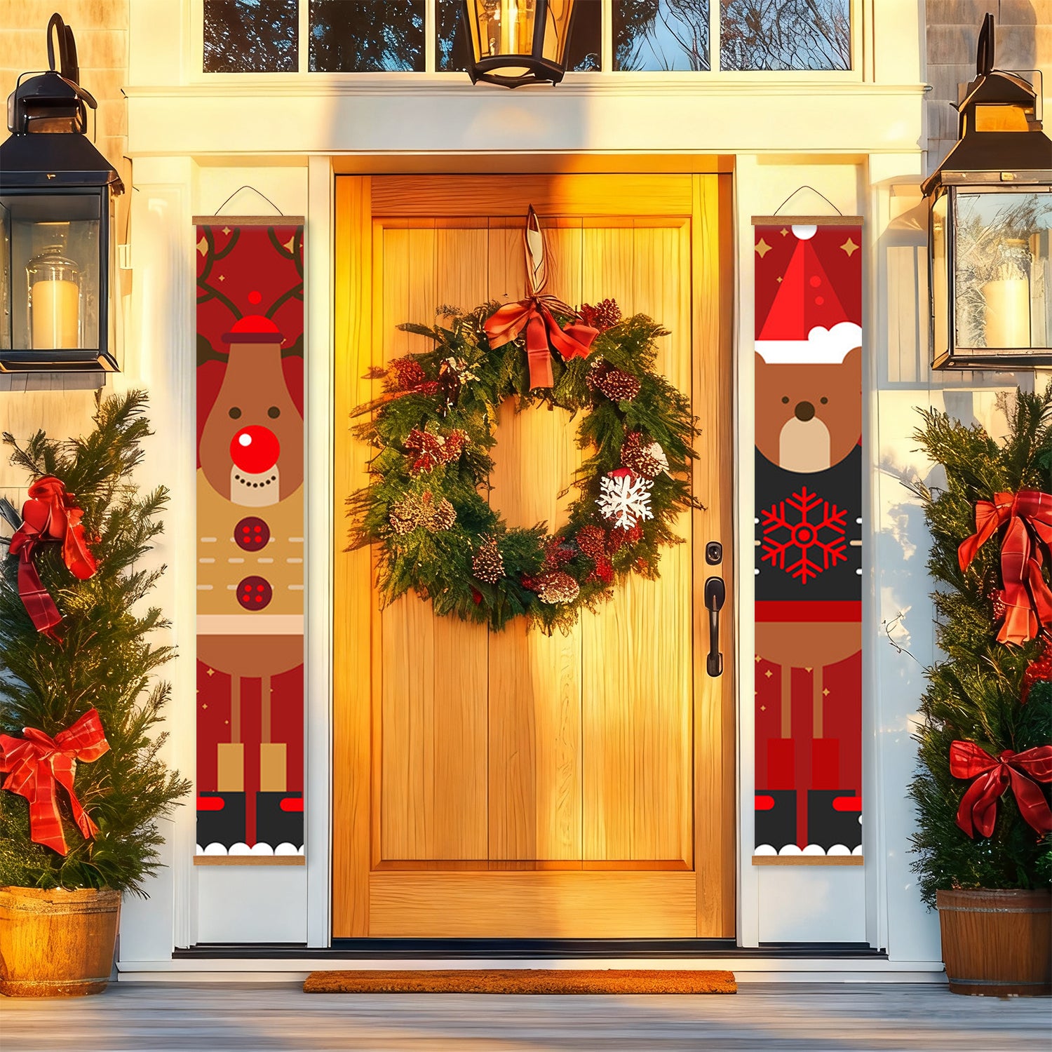 Front door with Christmas wreath and decorations on a house exterior