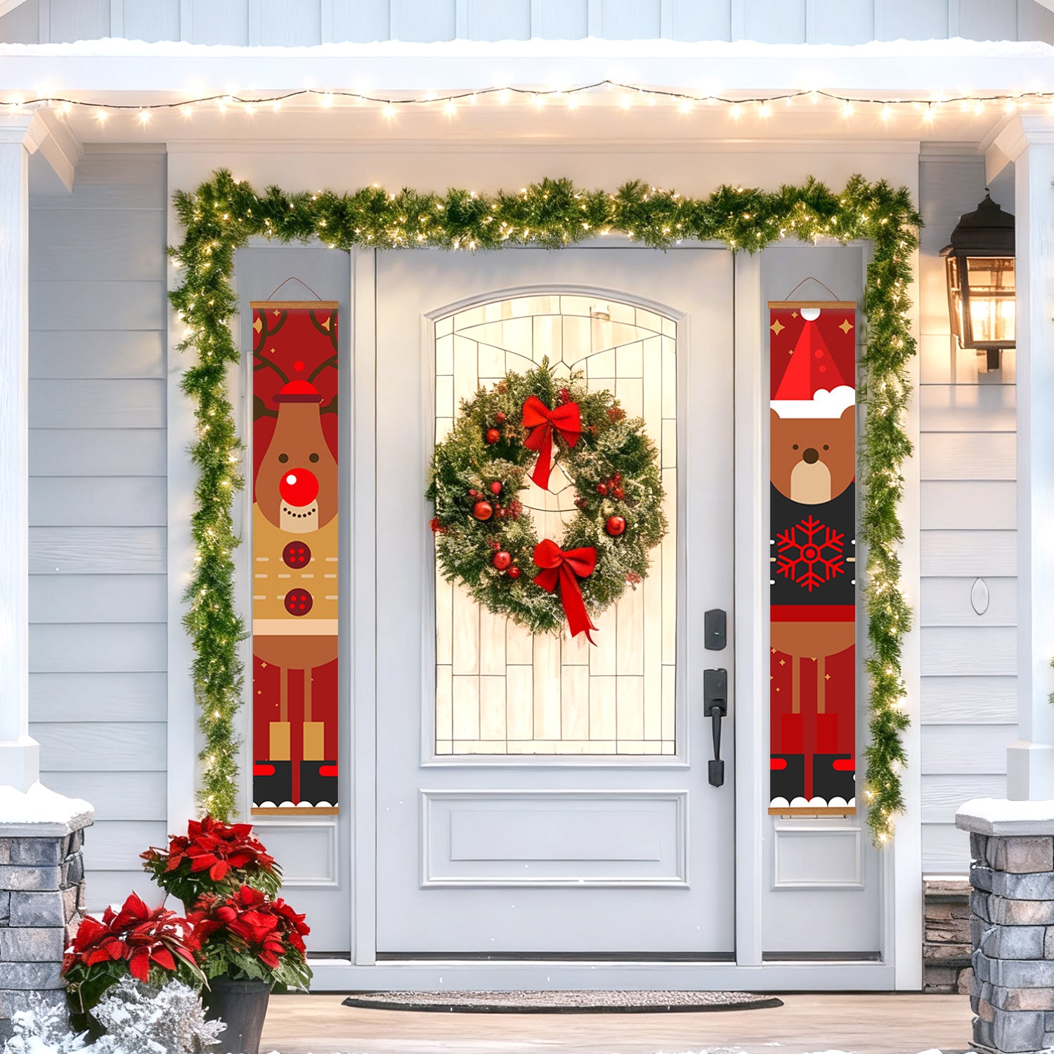 Decorative Christmas door with wreath, garlands, and reindeer banners on a house exterior.