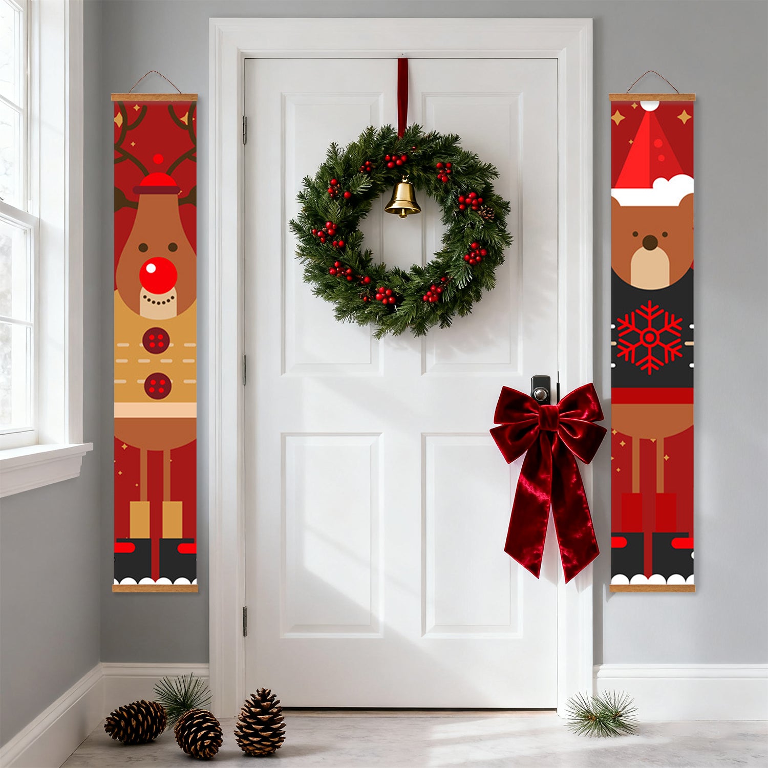 Decorative Christmas wreath with a red bow on a white door, flanked by festive bear banners.
