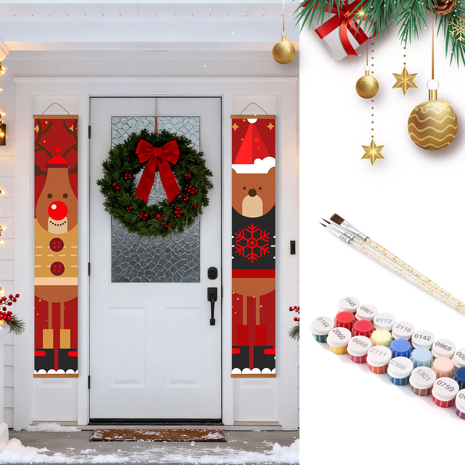Decorative Christmas banners with reindeer and Santa Claus designs on a door, with a wreath and gold ornaments.