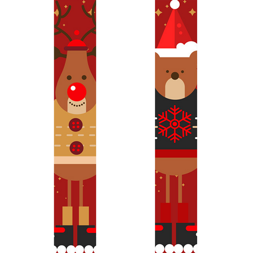 Zwei weihnachtliche Lesezeichen mit Rentier- und Schneeflockenmotiven auf rotem Hintergrund.