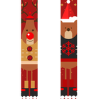 Two Christmas-themed bookmarks with reindeer and snowflake designs on a red background.