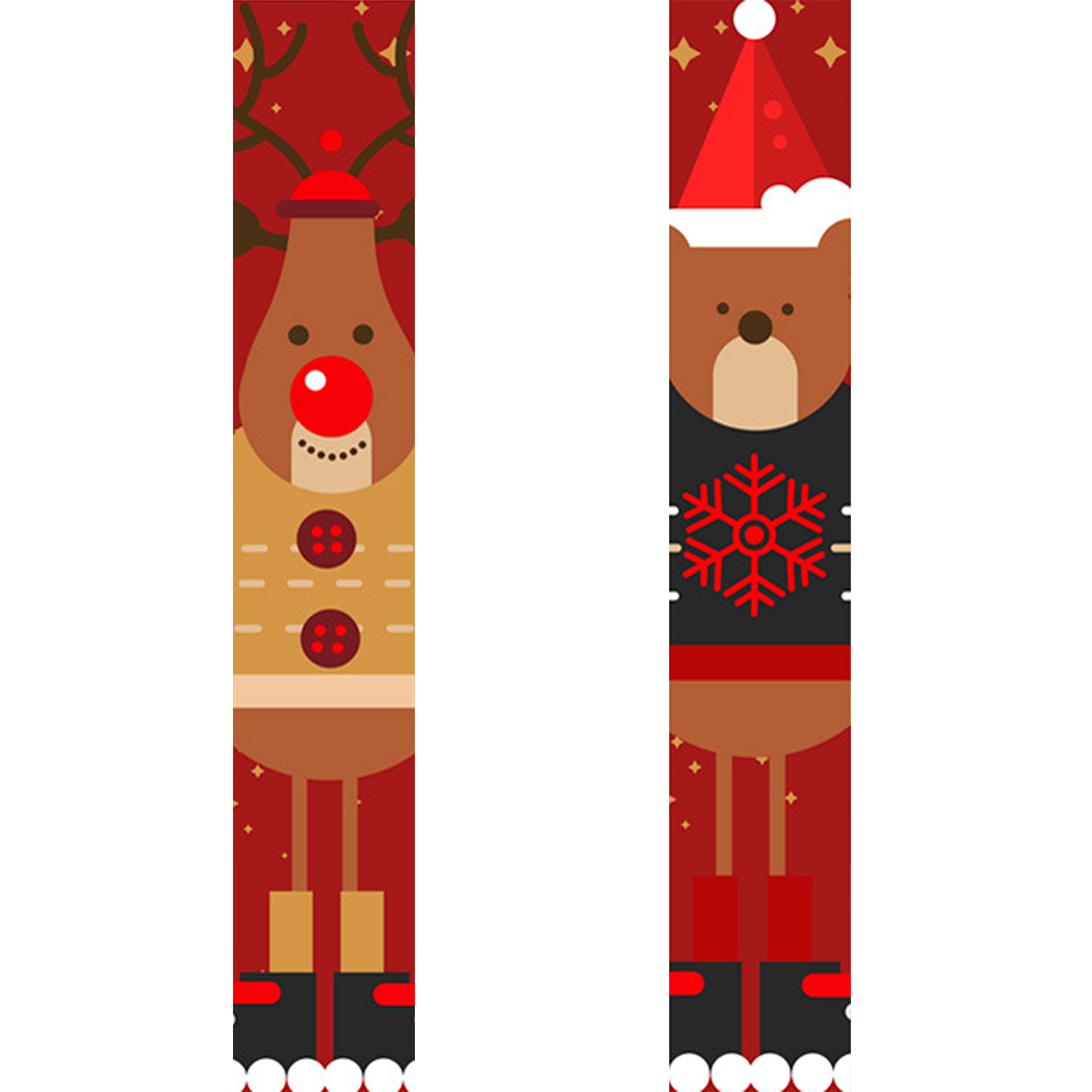Two Christmas-themed bookmarks with reindeer and snowflake designs on a red background.