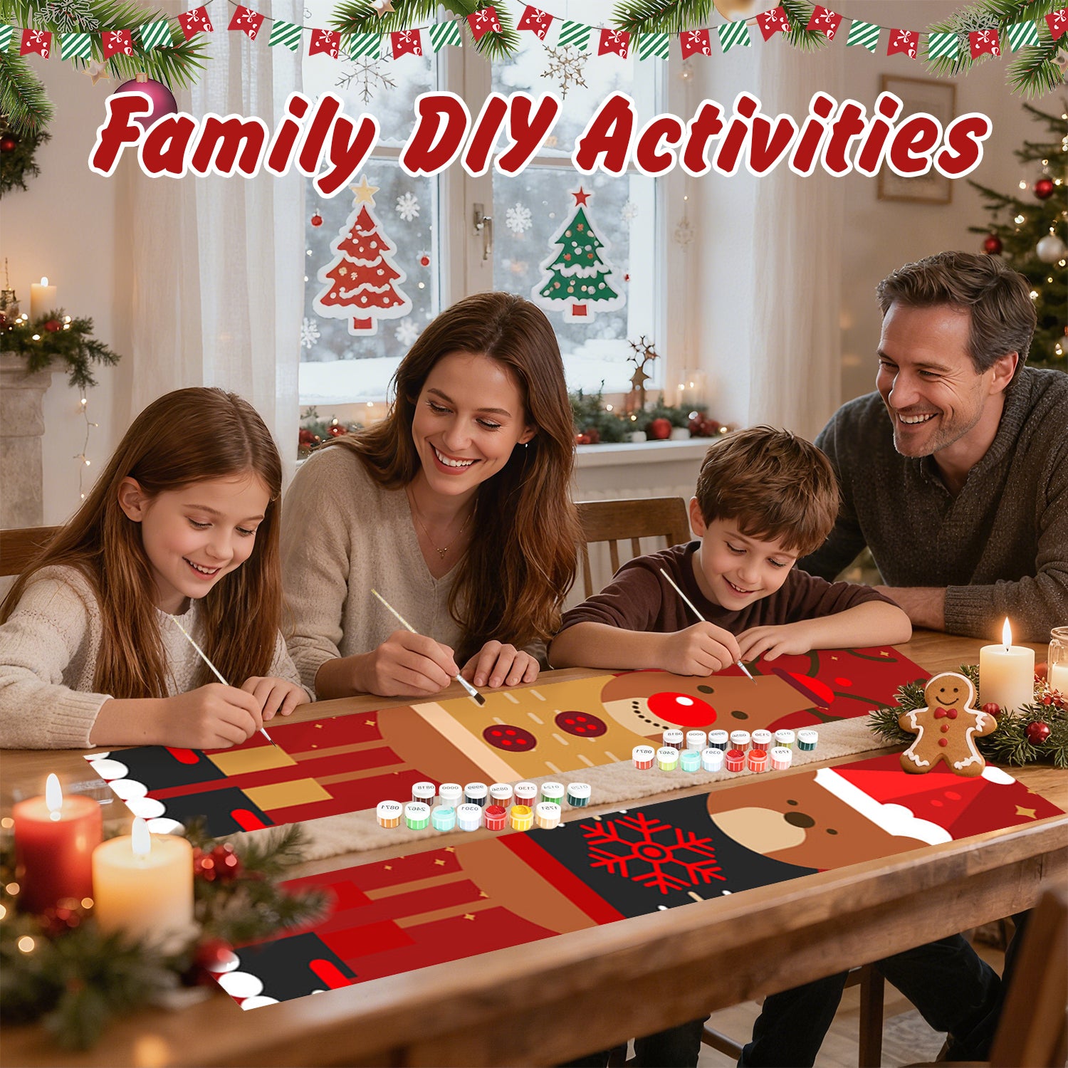 Family engaged in a DIY craft activity with Christmas decorations around them.