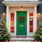 Decorative Christmas scene with a green door, wreath, and festive decorations on a house exterior.