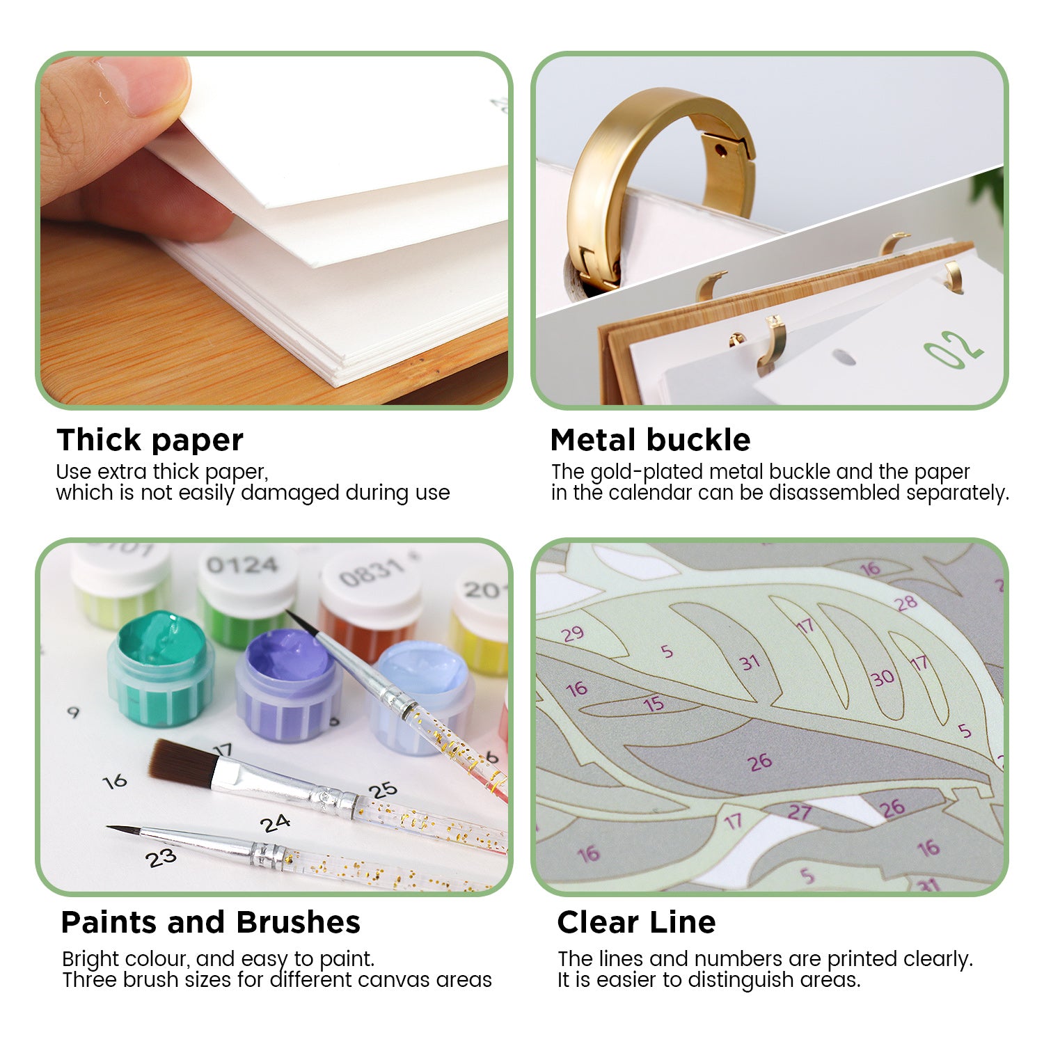 Las características del producto incluyen papel grueso, hebilla de metal, pinturas y pinceles y diseño de líneas claras.